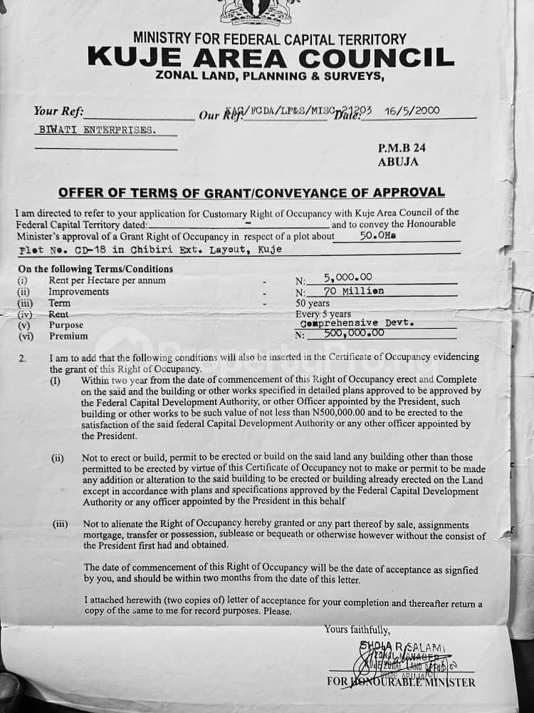 Land for sale Estate Development= 50+25+25 Hectares Kuje Abuja