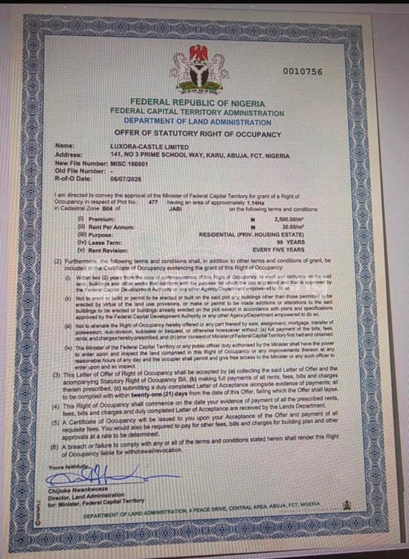 Land for sale By Shoprite Jabi Abuja