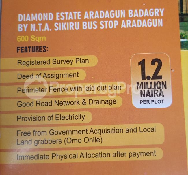 Land for sale Diamond Estate Aradagun By N. T. A Sikiru Bus Stop Aradagun Lagos Badagry Lagos