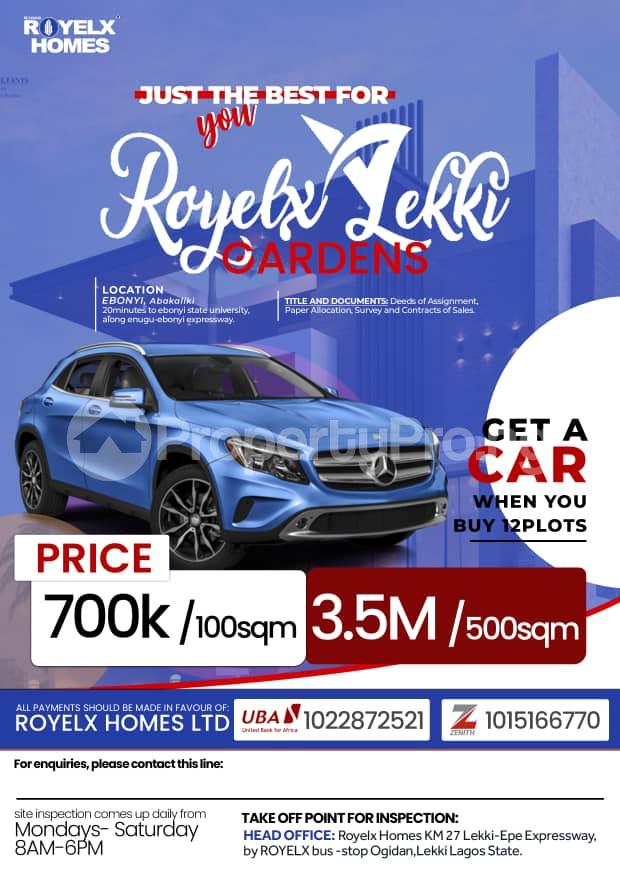 Land for sale Royelx Lekki Gardens Abakaliki 20minutes To Ebonyi State University Along Enugu Ebonyi Expressway Ebonyi Abakaliki Ebonyi