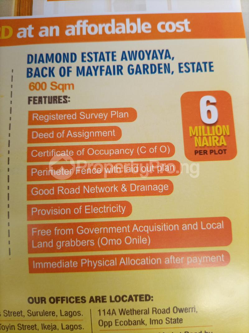 Land for sale Diamond Estate Awoyaya Back Of Mayfair Garden Estate Lagos Ajah Lagos