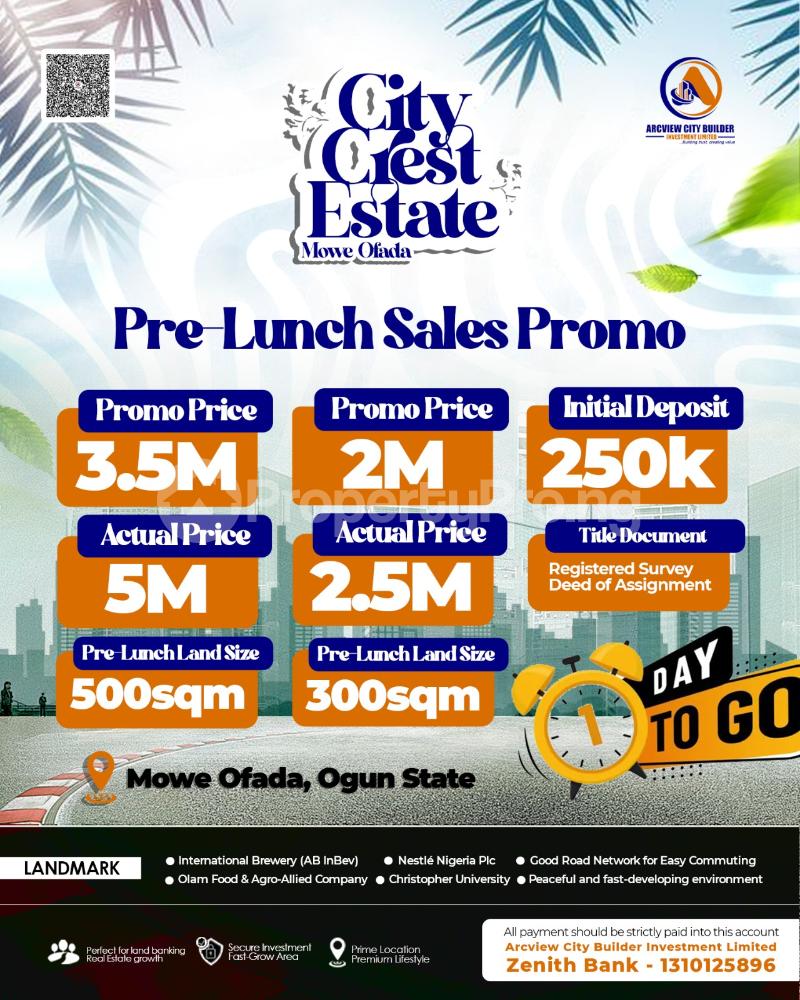 Land for sale City Crest Estate,mowe Ofada,ogun State. Arepo Arepo Ogun