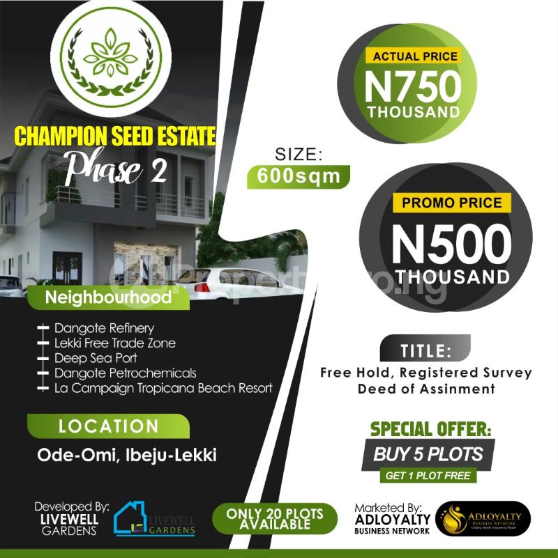 Land for sale Ode Omi,8 Minutes Drive From Lacampaingne Tropicana Ibeju-Lekki Lagos