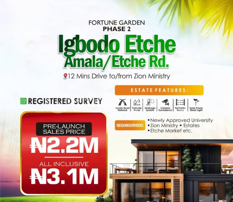 Land for sale Igbodo Etche Amala/etche Road/ Fortune Garden Estate Phase 2/12min Drive To Zion Ministry And Not Too Far From Etche Market And Newly Proposed Zion Ngor-Okpala Imo