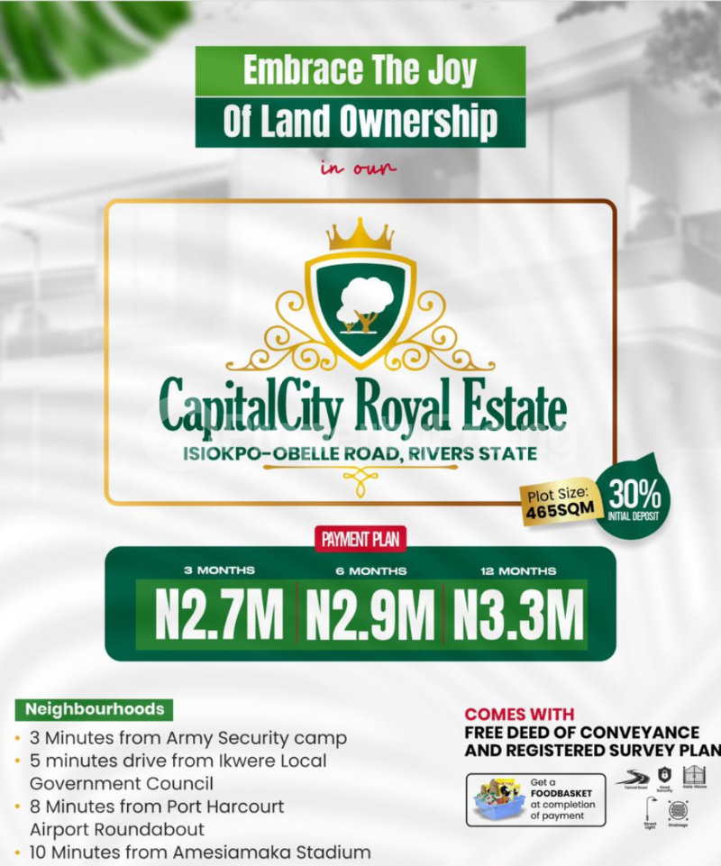 Land for sale Isiokpo/ Capital City Royal Estate/obelle Road Ikwerre Port Harcourt Rivers