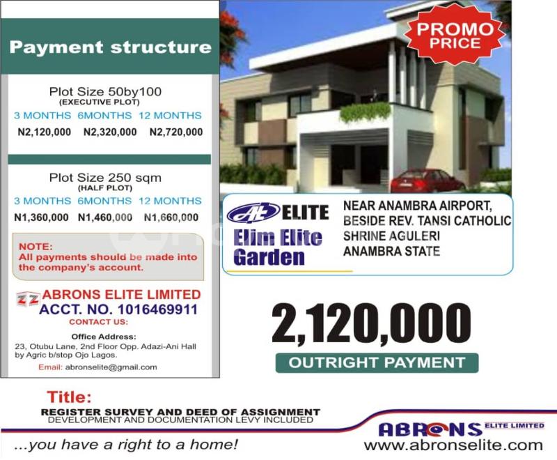 Land for sale Elim Elite Garden Aguleri Close To Famous Catholic Shrine Aguleri And Also Very Close To The New Anambra Cargo Airport. Awka South Anambra