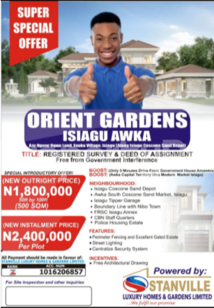 Land for sale Orient Gardens, Isiagu Awka Awka South Anambra