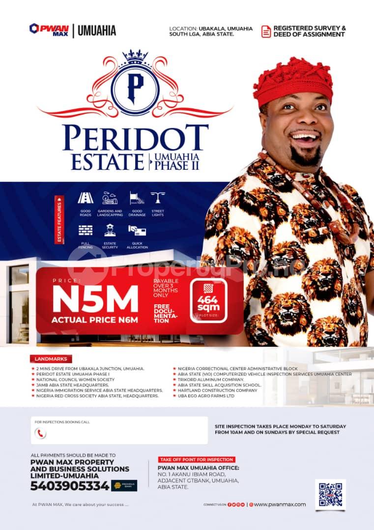 Land for sale ?? 2 Mins Drive From Ubakala Junction, Umuahia. ?? Peridot Estate Umuahia Phase I ?? Jamb Abia State Headquarters. ?? Nigeria Immigration Service Abia State Headquarters. ?? Nigeria Correctional Center Administrative Block ?? Hartland Construction Company Umuahia South Abia