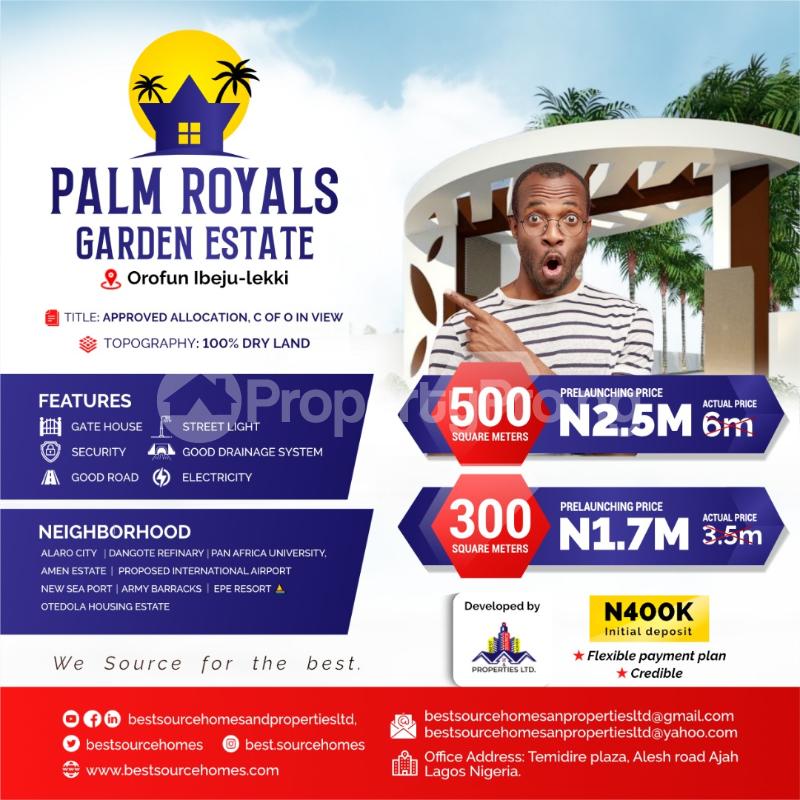 Land for sale Palm Royals Garden Estate Orofun Town, Close To Amen Estate Eleko Ibeju-Lekki Lagos