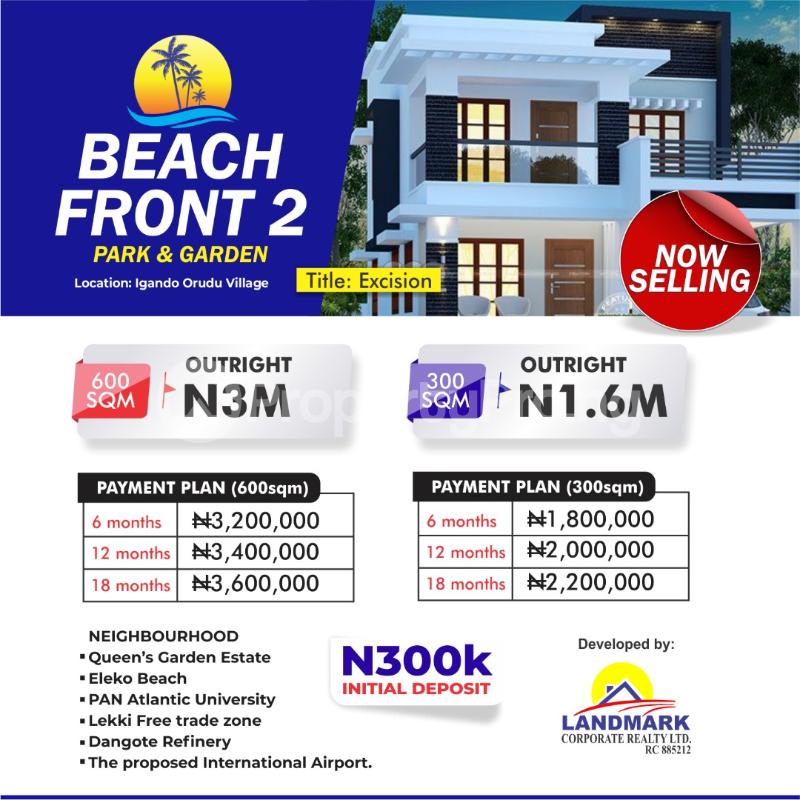 Land for sale Beachfront 2 Park And Garden Igando Orudu Town Few Minutes From Eleko Beach. Ibeju-Lekki Lagos - 1