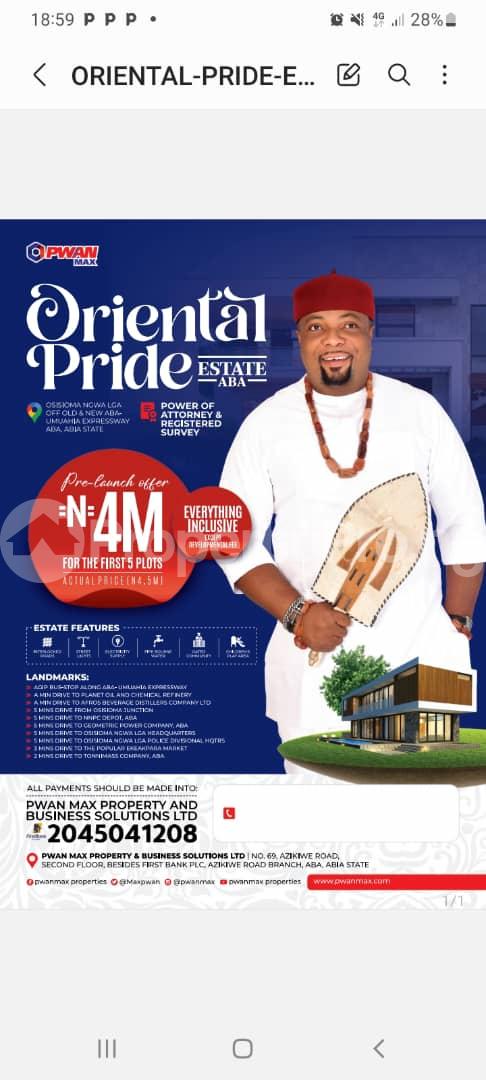 Land for sale 3 Minutes Drive To Abia State Polytechnic Permanent Site. ?? Minutes Drive To Osisioma Flyover. ??5 Minutes Drive To Osisioma Police Divisional Headquarters ??5 Minutes Drive To Osisioma Ngwa L.g. A Headquarters. Aba Abia - 0