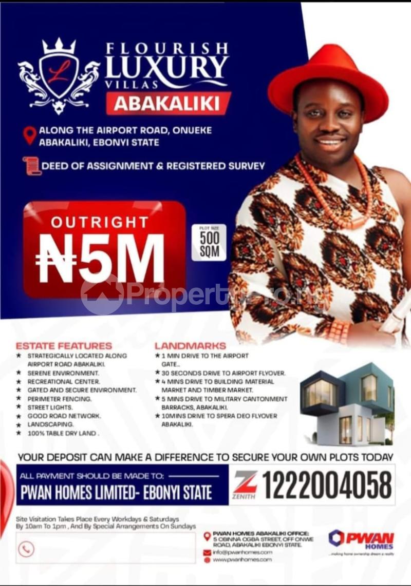 Land for sale ?1minute Drive To The Airport Gate ?close To The Airport Flyover Bridge ?4minutes Drive To Building Material/timber Market ? 10mimutes Drive To Spera Deo Flyover Bridge ?7mimutes To Army Cantonment And Centenary City. Abakaliki Ebonyi - 0