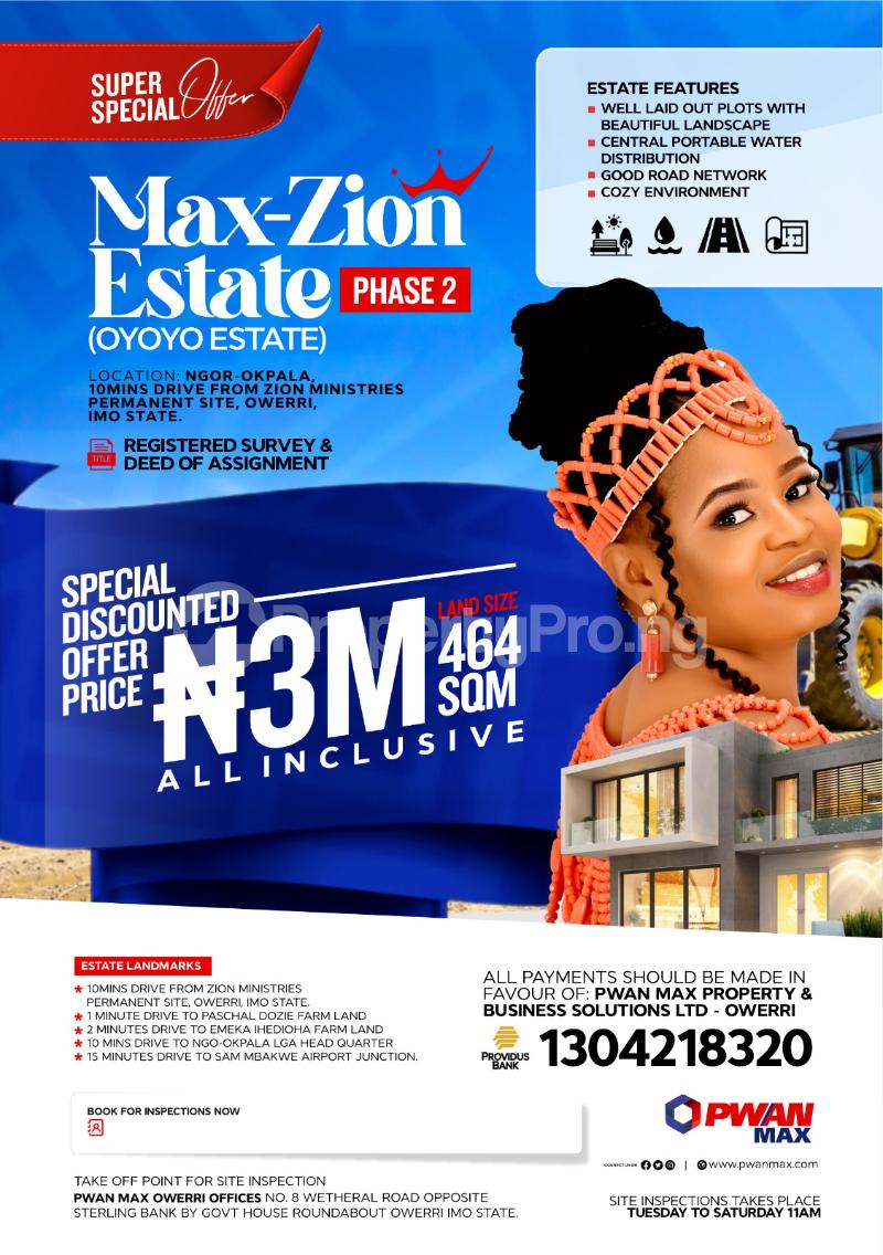 Land for sale Opposite Zion Ministry Permanent Site, Ngor-Okpala Imo