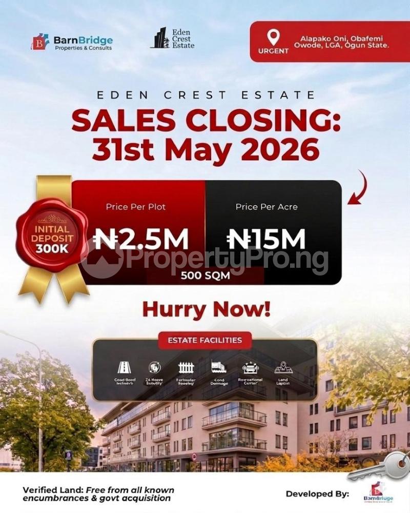 Land for sale Eden Crest Estate Close To Four Square Gospel And Mark Fast University Oba Obafemi Owode Ogun
