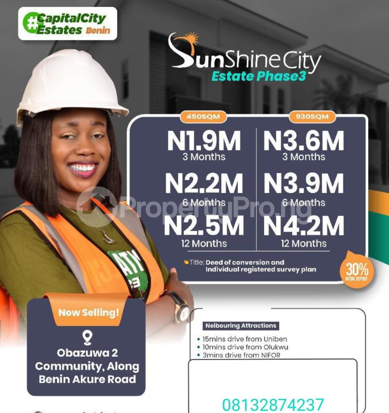 Land for sale Obazuwa 2 Community/ Sunshine City Estate Phase 3/ Along Benin Akure Road, Central Edo