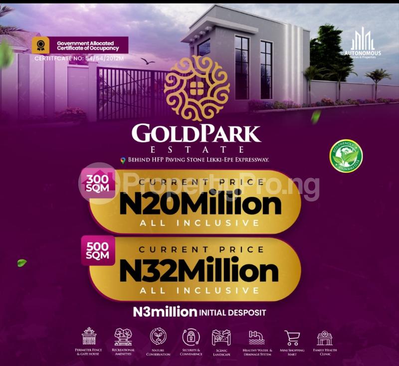 Land for sale Km 58, Behind Hfp/ Gold Park Estate/ Along Lekki Epe Expressway Ibeju-Lekki Lagos