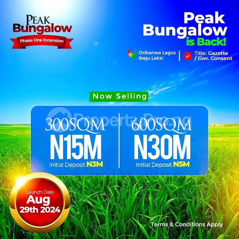 Land for sale Peak Bungalow Phase 1 Extension Awoyaya Oribanwa Ibeju-Lekki Lagos