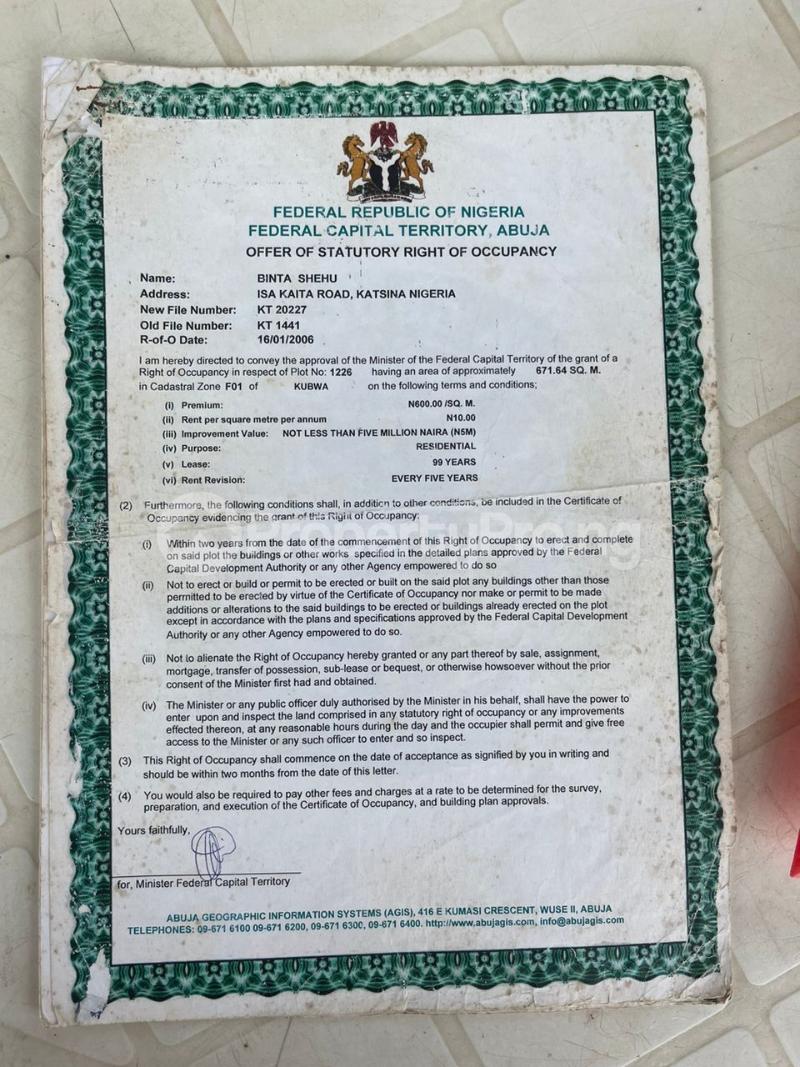 Land for sale F01, Tarred Road. Kubwa Abuja