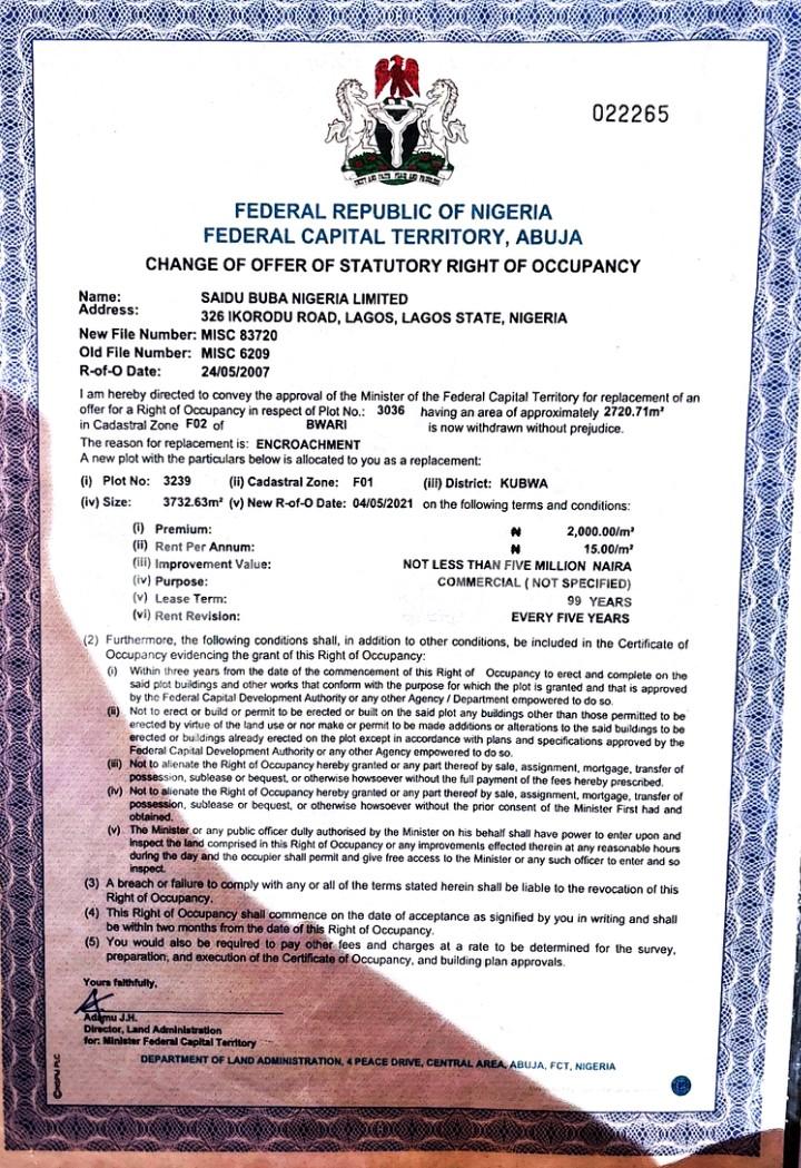 Land for sale F01 Tarred Road Kubwa Abuja