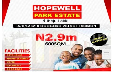 Land for sale Hopewell Park Estate, Ibeju Lekki, Lagos. Ogogoro Ibeju-Lekki Lagos
