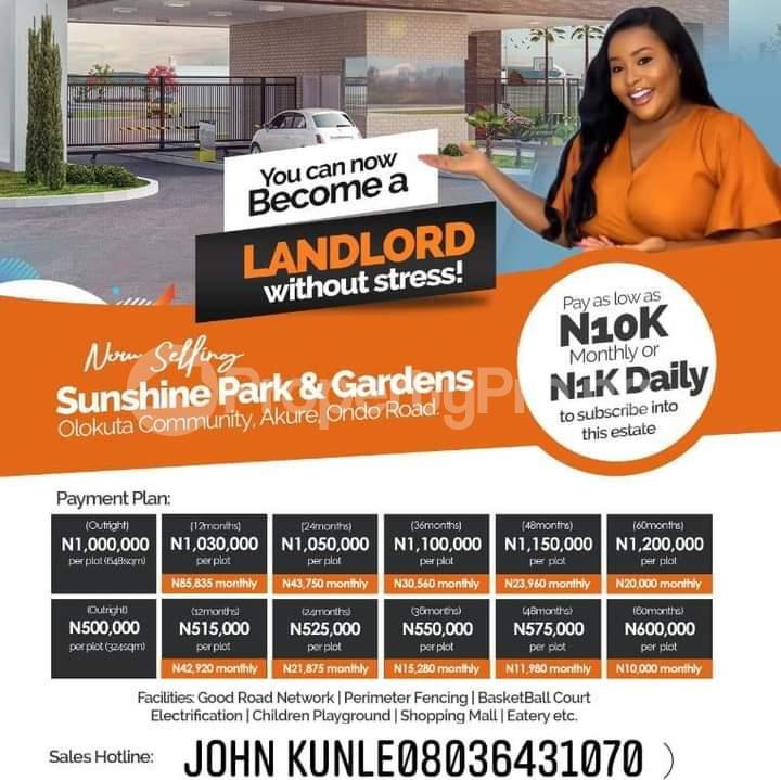 Land for sale Sunshine Park And Gardens , Olokuta Community, Ondo Road, Akure, Ondo State Akure Ondo