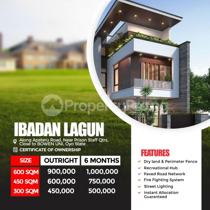 Land for sale Ibadan Lagun, Along Apateru Road, Near Prison Staff Qtrs. Close To Bowen University Apata Ibadan Oyo