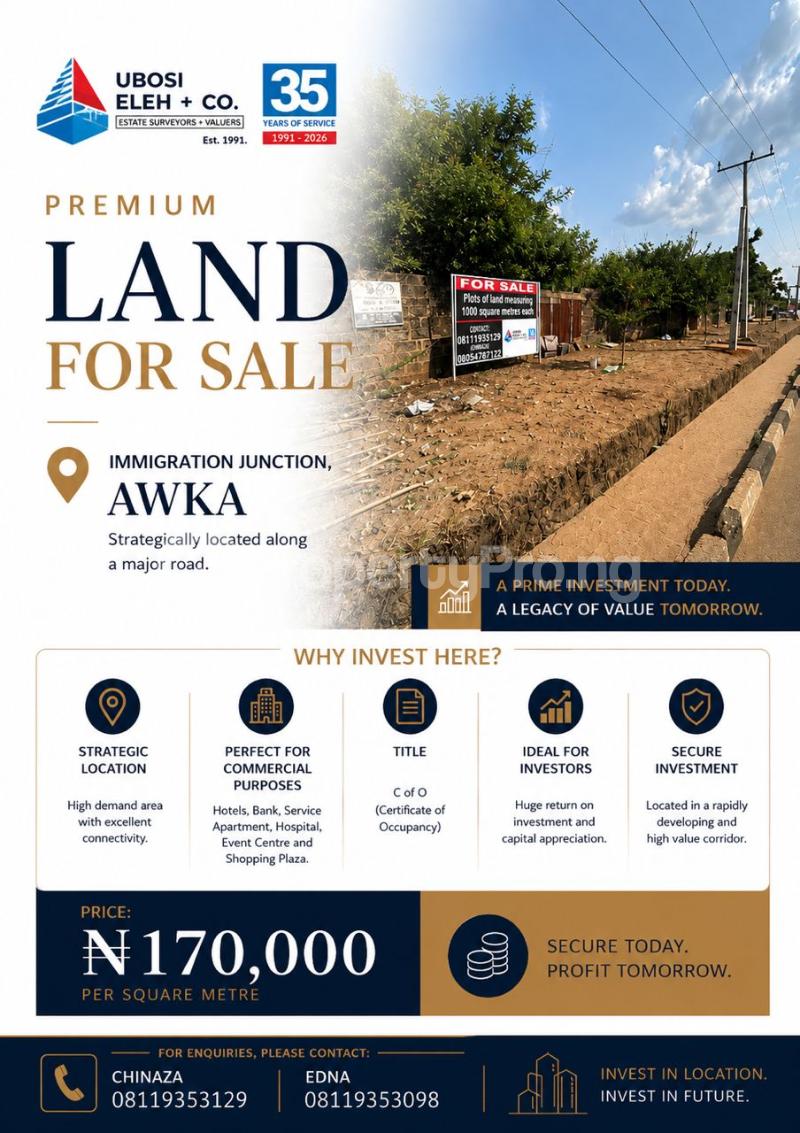 Land for sale Immgration Junction, Akwa Strategically Located Along A Major Road. Awka North Anambra